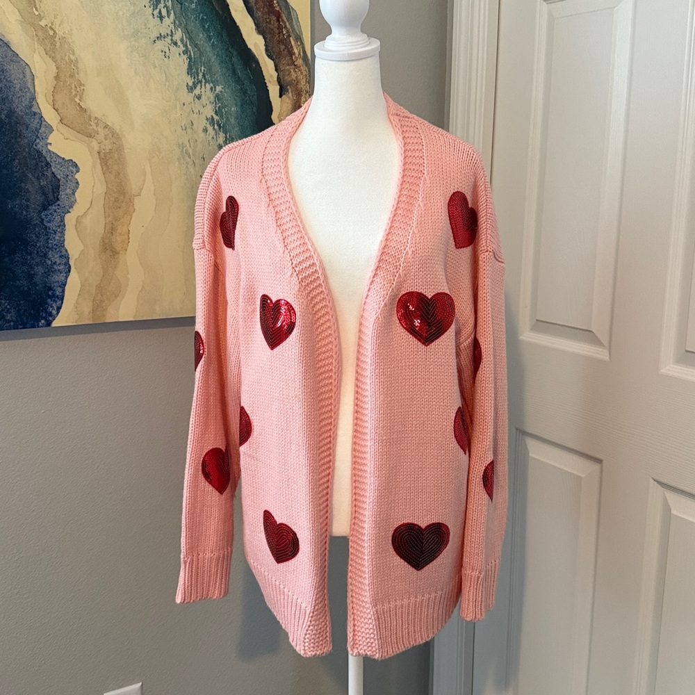 Oversized Valentine’s Sequin Heart Cardigan in Blush